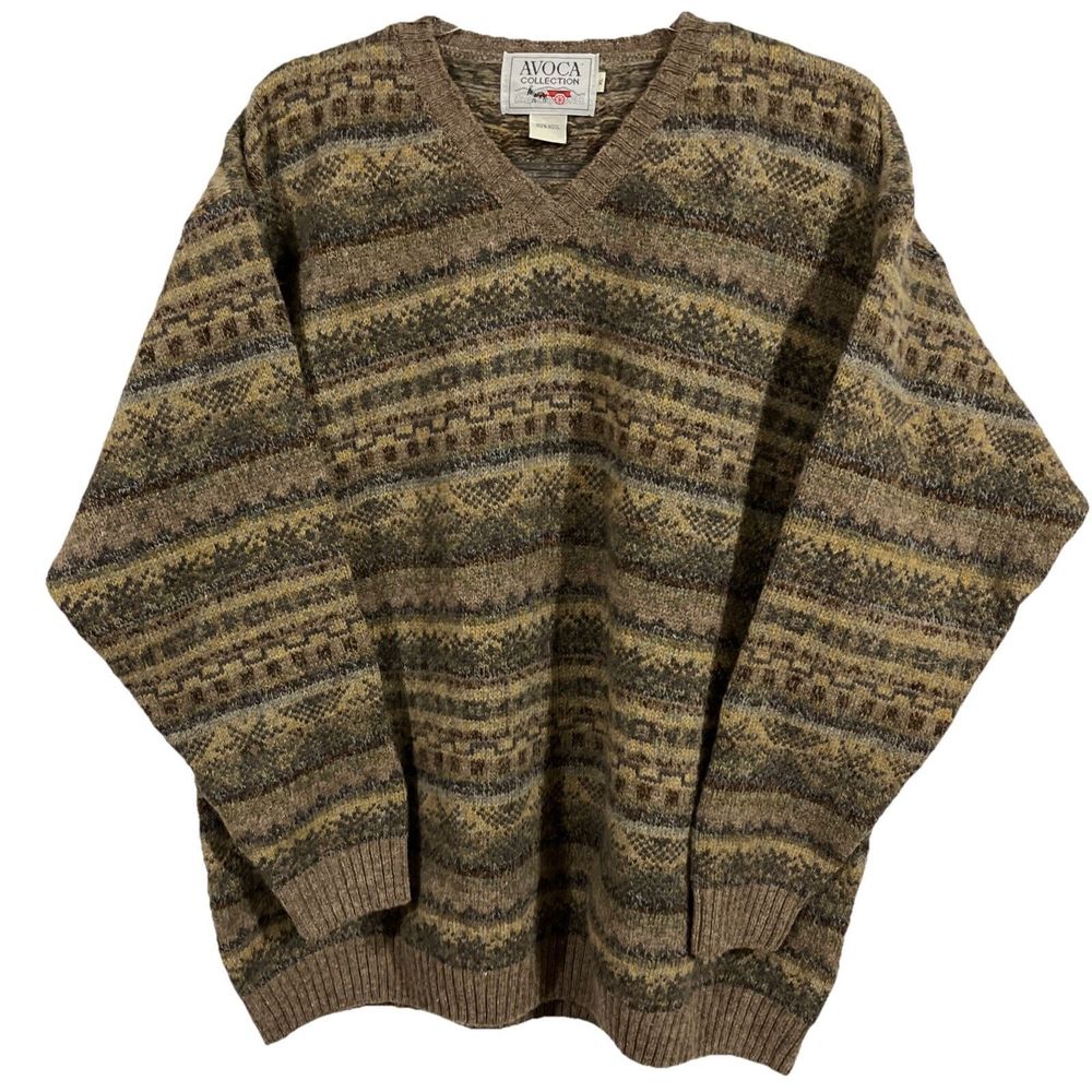 Vintage Avoca Collection Pure New Wool Irish Knit Sweater Brown XL Ireland